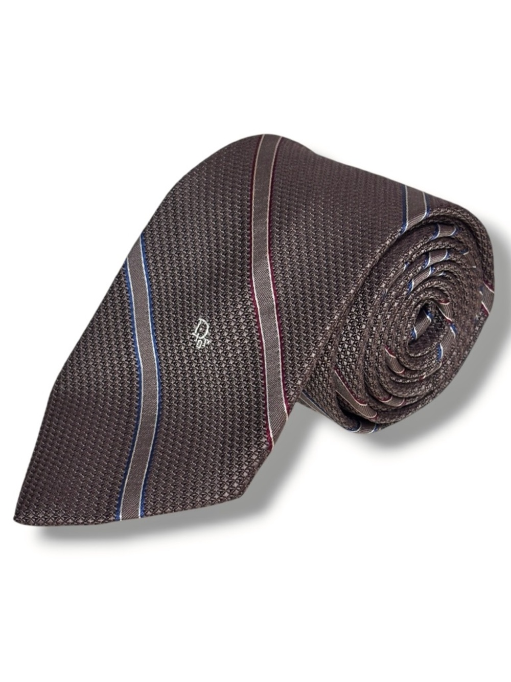 CHRISTIAN DIOR Brown Woven Multi Texture Striped Tie Logo Embroidered VINTAGE